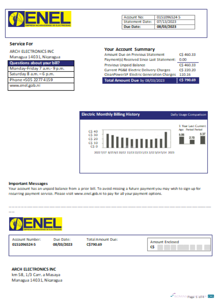 Download Nicaraguan Electricity Company (ENEL) electricity utility business bill, SCR Photoshop template